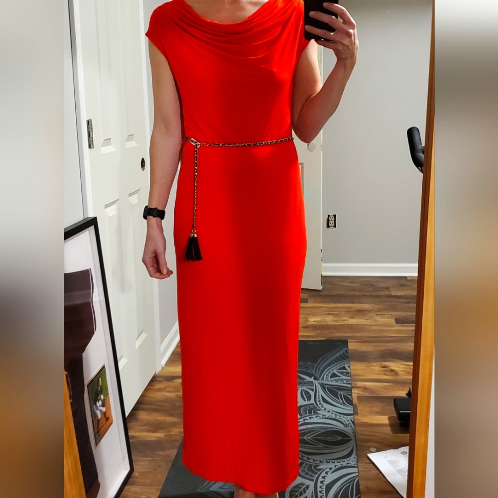 Calvin Klein Red Cowl Neck Maxi Dress with Gold Belt - Picture 2 of 6